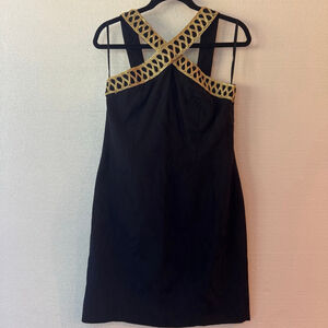 Vintage Rimini Jacquard Black Gold Metallic Mini Cocktail Dress Size 12